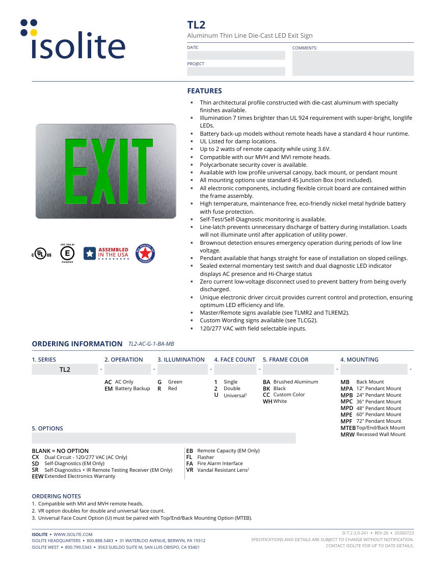 Isolite TL2 cut sheet — first page