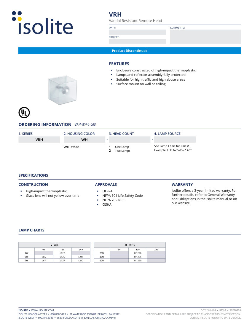 Isolite VRH cut sheet — first page