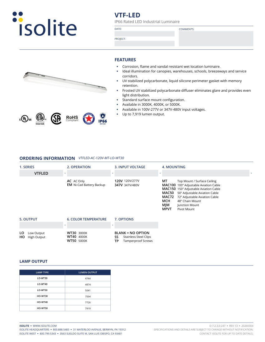 Isolite VTF-LED cut sheet — first page