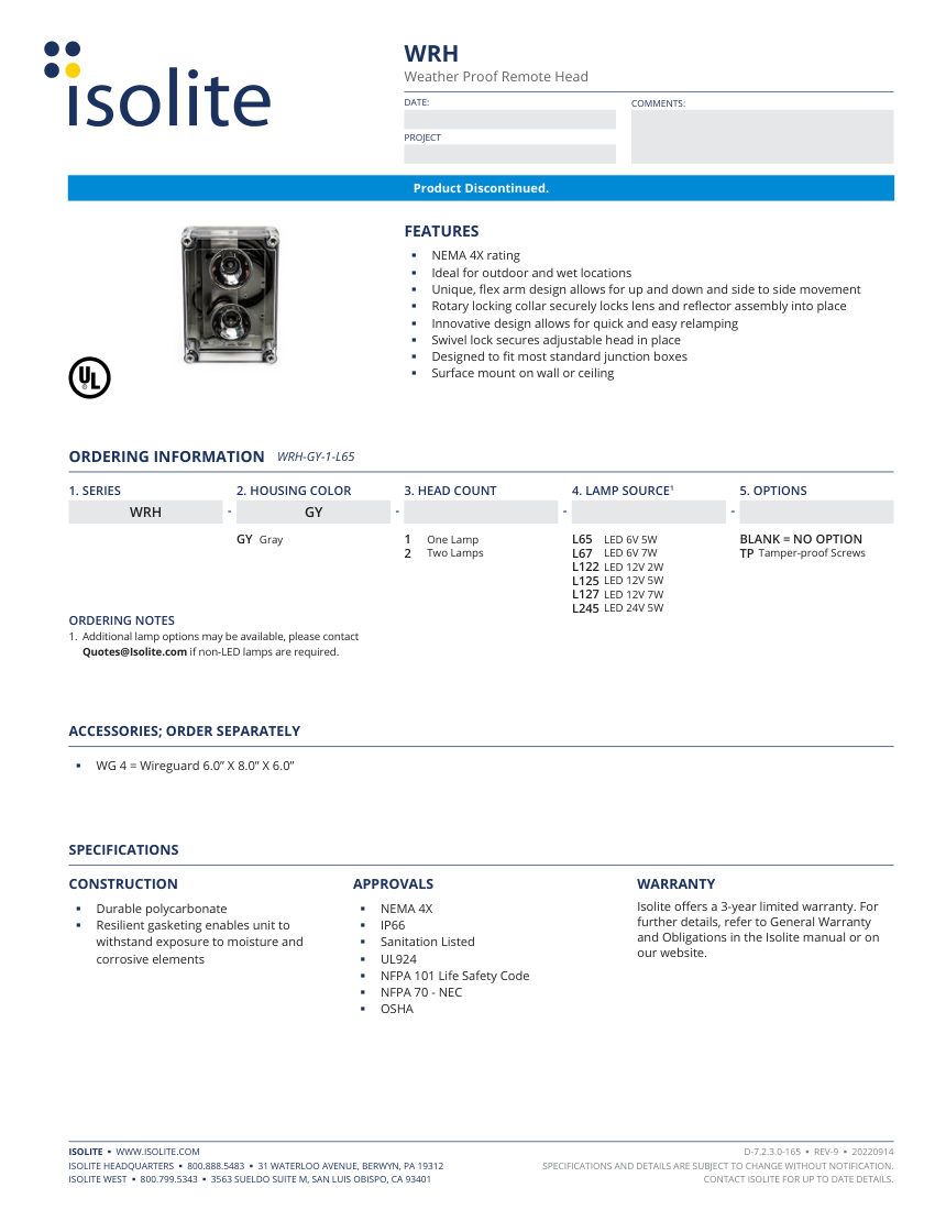 Isolite WRH cut sheet — first page