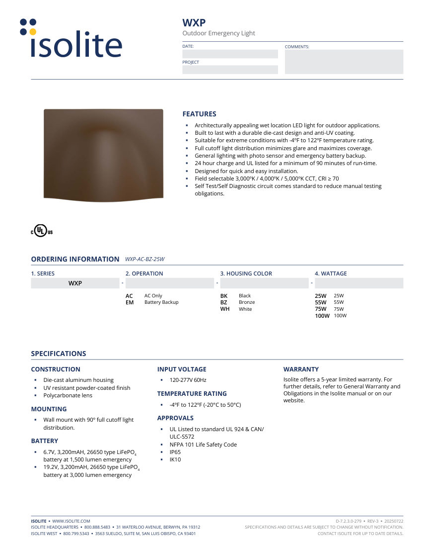 Isolite WXP cut sheet — first page