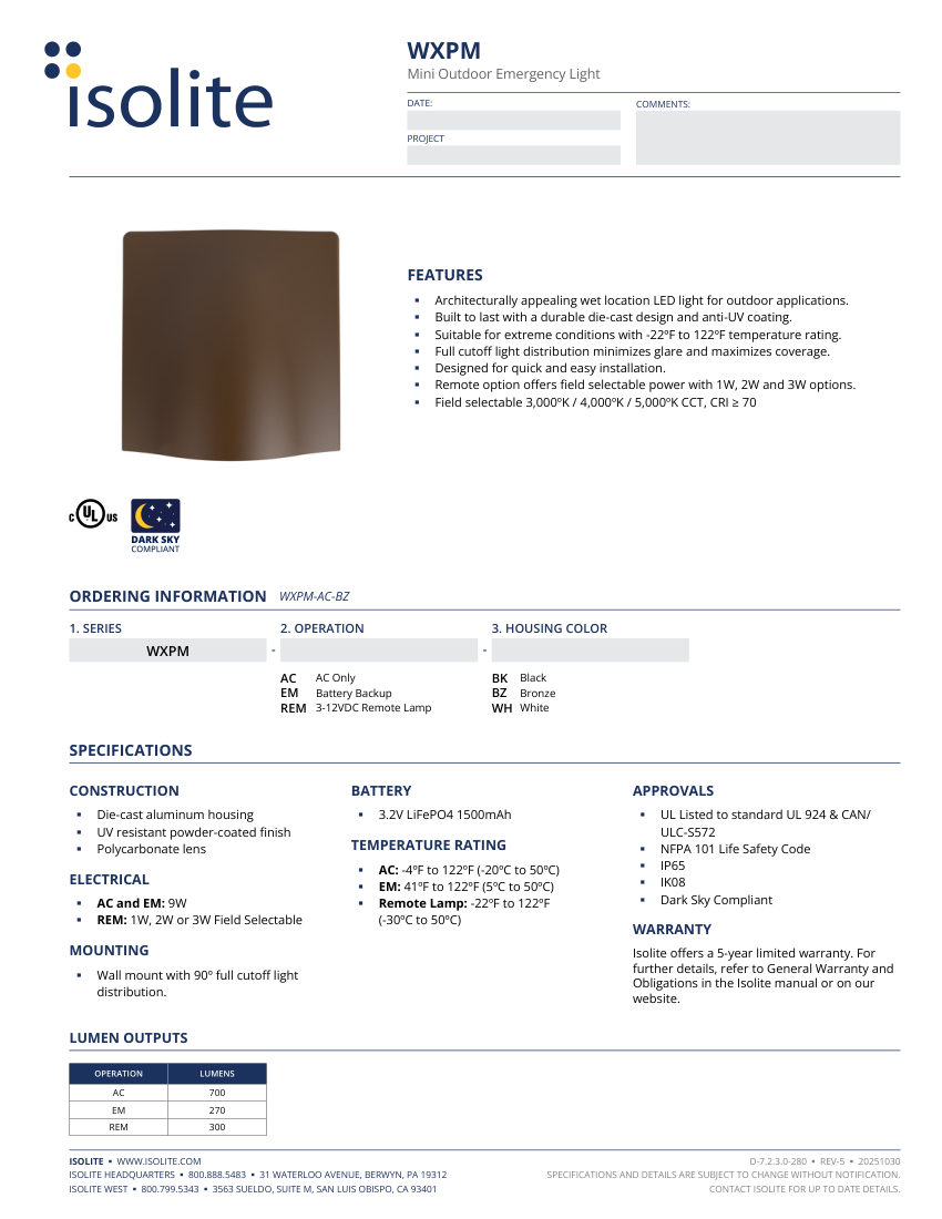Isolite WXPM cut sheet — first page