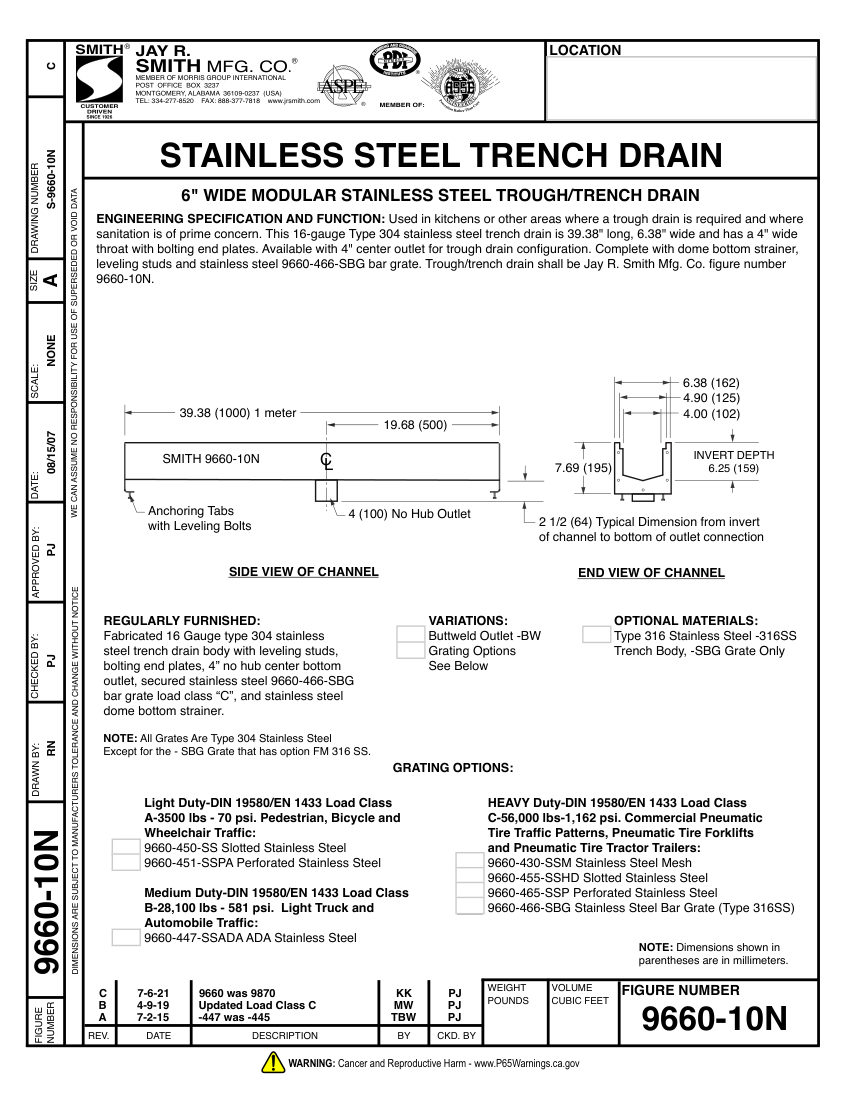 Jay R. Smith 9660-10N Drainage System Submittal cut sheet — first page