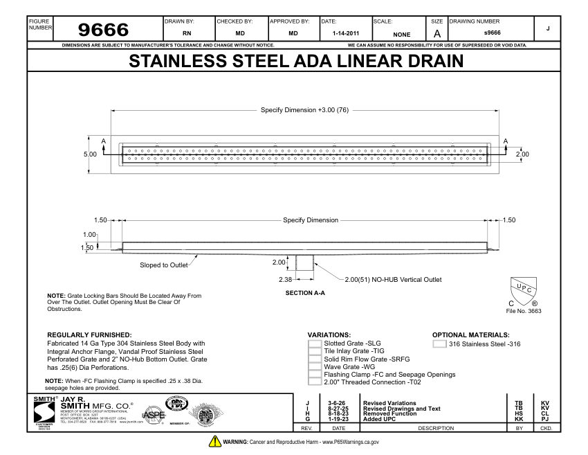 Jay R. Smith 9666 Trench Drain Submittal - Jay R. Smith Mfg. Co. cut sheet — first page