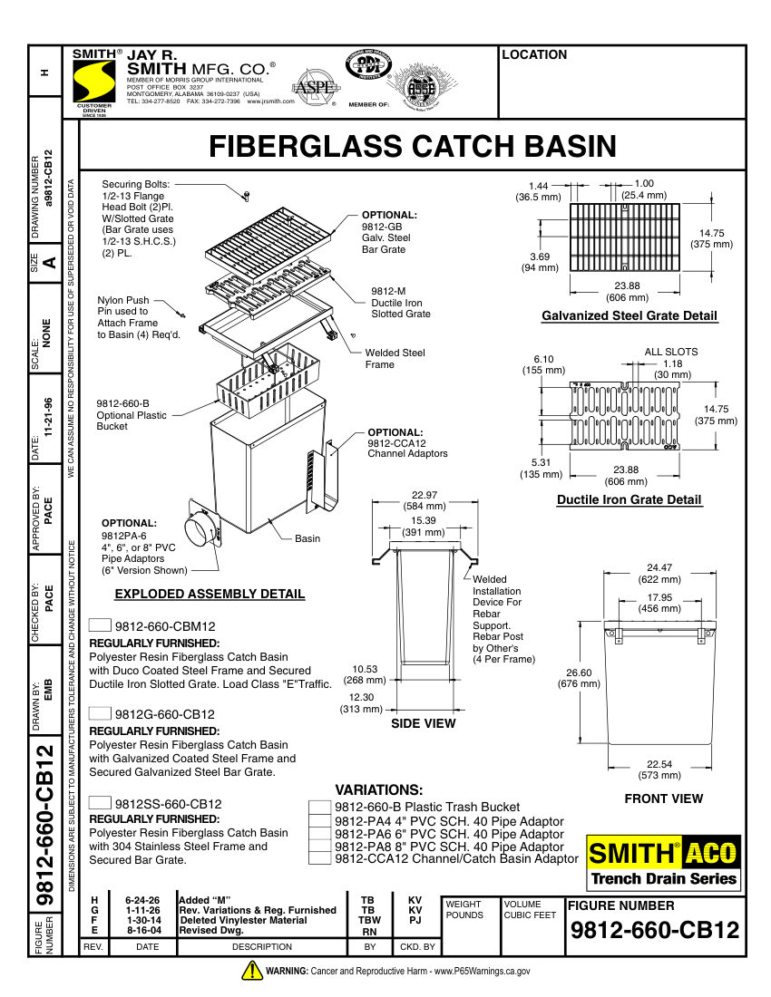 Jay R. Smith 9812-660-CB12 Catch Basin Submittal cut sheet — first page