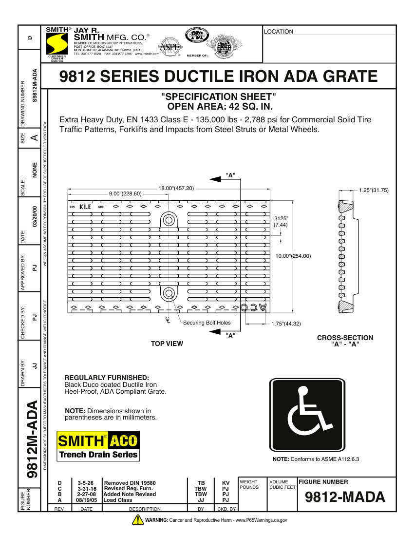 Jay R. Smith 9812-MADA Grate Submittal - Jay R. Smith Mfg. Co. cut sheet — first page