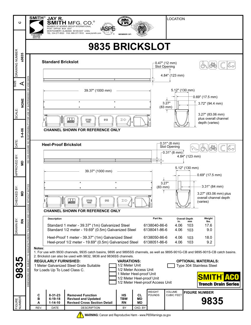 Jay R. Smith 9835 Brickslot Drain Grate Submittal - Jay R. Smith Mf cut sheet — first page