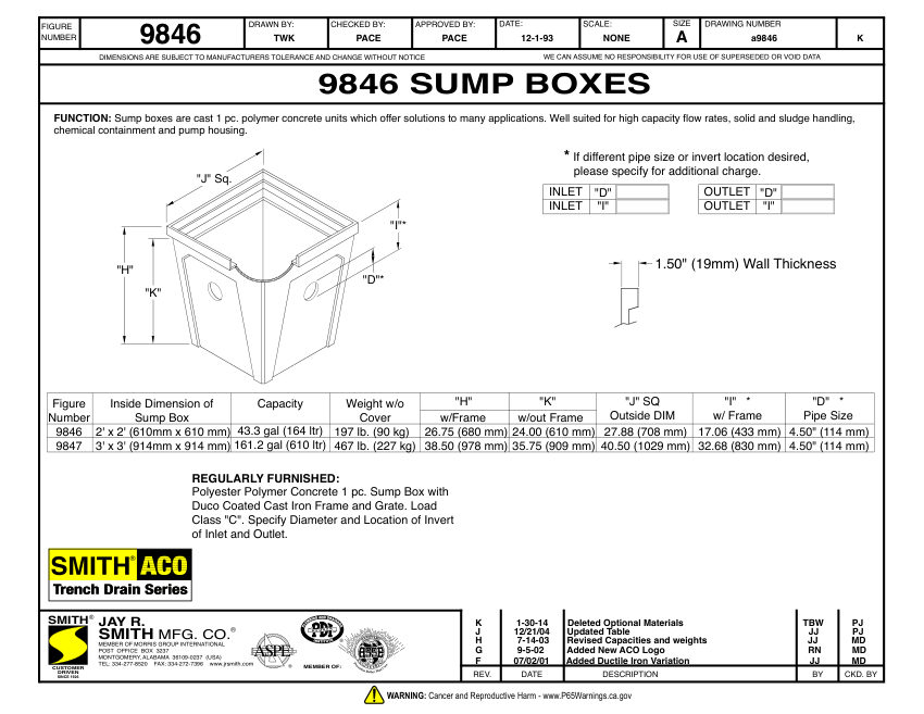 Jay R. Smith 9846 Sump Boxes Submittal - Jay R. Smith Mfg. Co. cut sheet — first page