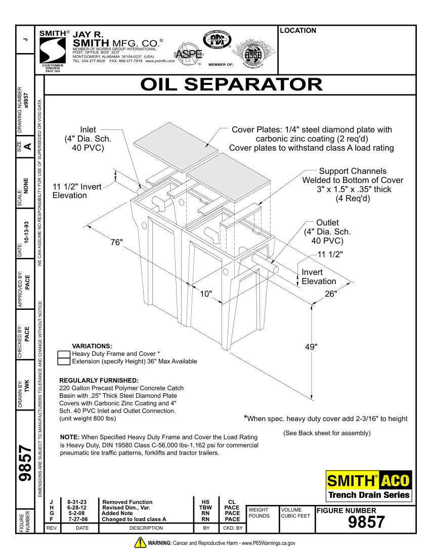 Jay R. Smith 9857 Oil Separator Submittal - Jay R. Smith Mfg. Co. cut sheet — first page