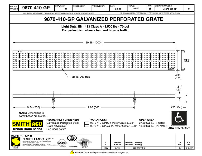 Jay R. Smith 9870-410-GP Grate Submittal - Jay R. Smith Mfg. Co. cut sheet — first page