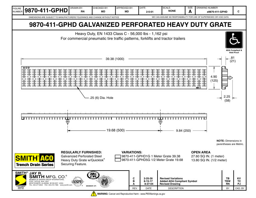 Jay R. Smith 9870-411-GPHD Grate Submittal - Jay R. Smith Mfg. Co. cut sheet — first page