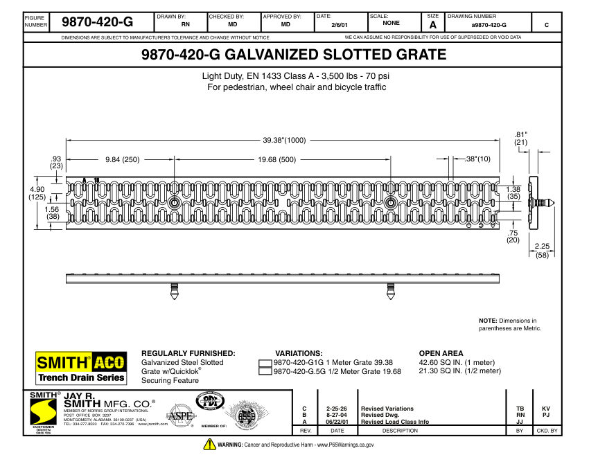 Jay R. Smith 9870-420-G Grate Submittal - Jay R. Smith Mfg. Co. cut sheet — first page