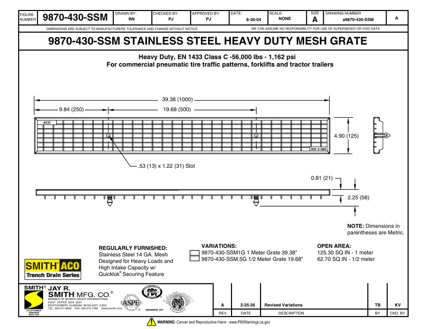 Jay R. Smith 9870-430-SSM Grate Submittal - Jay R. Smith Mfg. Co. cut sheet — first page