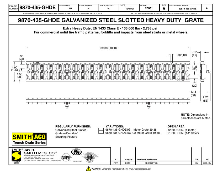 Jay R. Smith 9870-435-GHDE Grate Submittal - Jay R. Smith Mfg. Co. cut sheet — first page