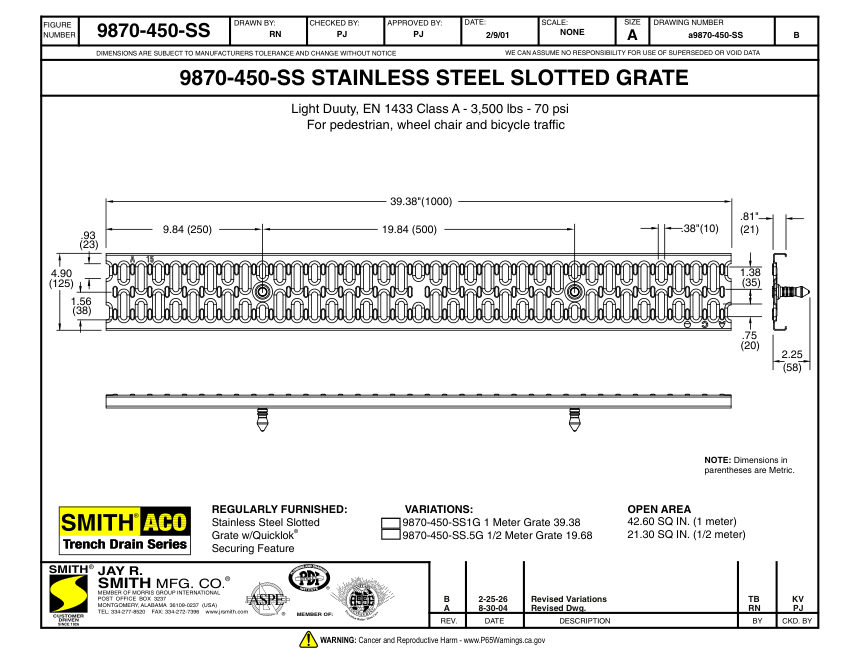 Jay R. Smith 9870-450-SS Grate Submittal - Jay R. Smith Mfg. Co. cut sheet — first page