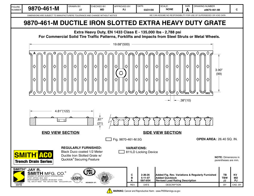 Jay R. Smith 9870-461-M Grate Submittal - Jay R. Smith Mfg. Co. cut sheet — first page