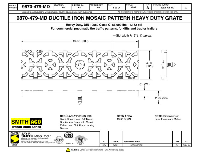 Jay R. Smith 9870-479-MD Grate Submittal - Jay R. Smith Mfg. Co. cut sheet — first page