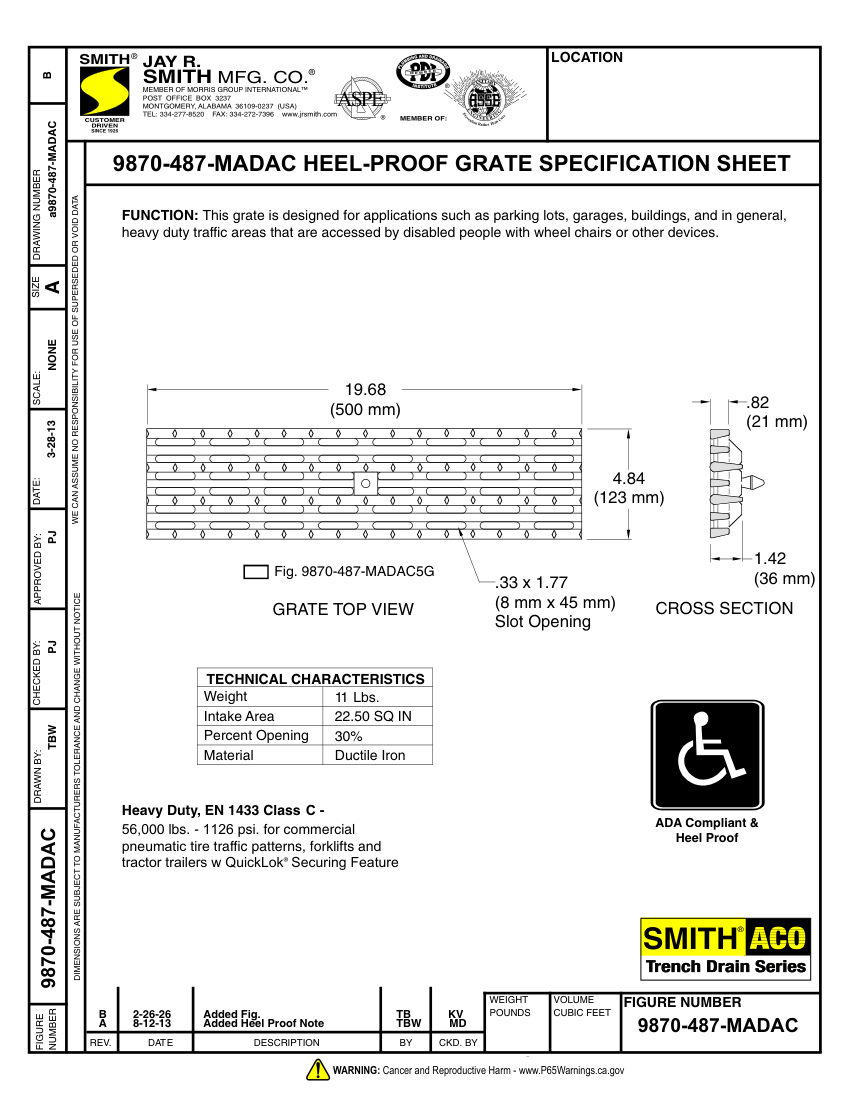 Jay R. Smith 9870-487-MADAC Grate Submittal - Jay R. Smith Mfg. Co. cut sheet — first page