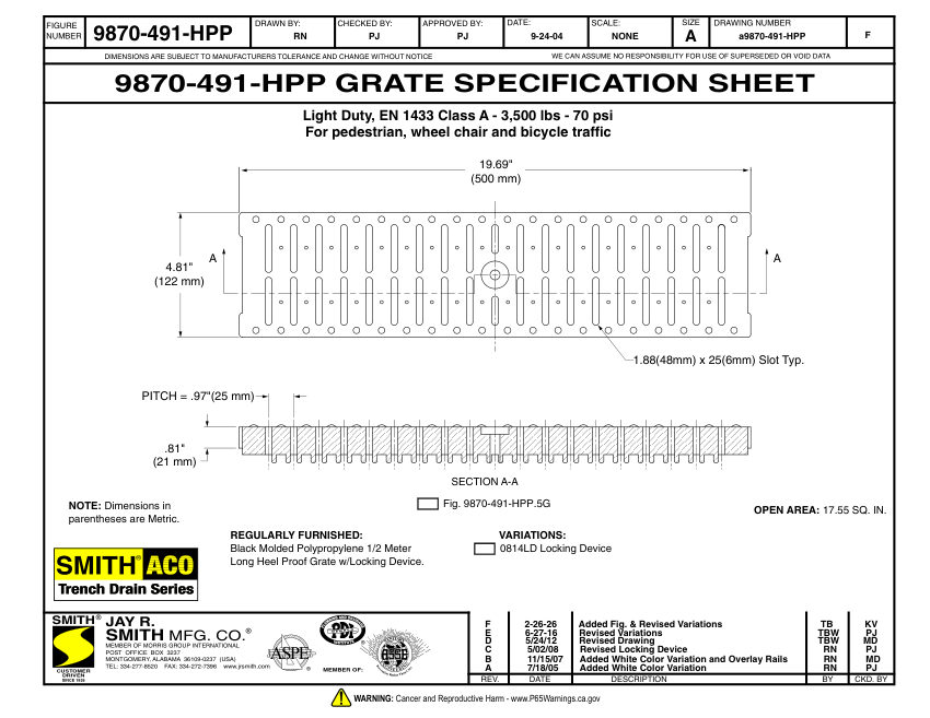 Jay R. Smith 9870-491-HPP Grate Submittal - Jay R. Smith Mfg. Co. cut sheet — first page