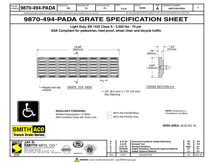 Jay R. Smith 9870-494-PADA Grate Submittal - Jay R. Smith Mfg. Co. cut sheet — first page
