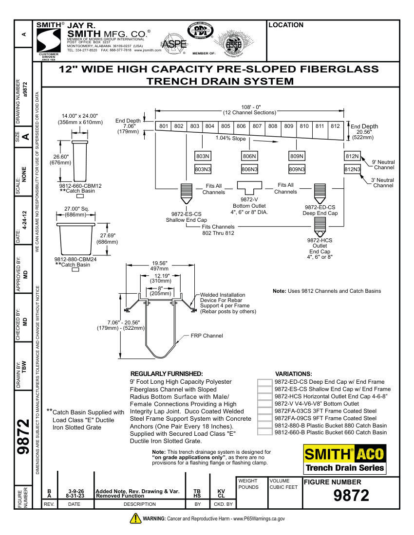 Jay R. Smith 9872 Trench Drain Submittal - Jay R. Smith Mfg. Co. cut sheet — first page