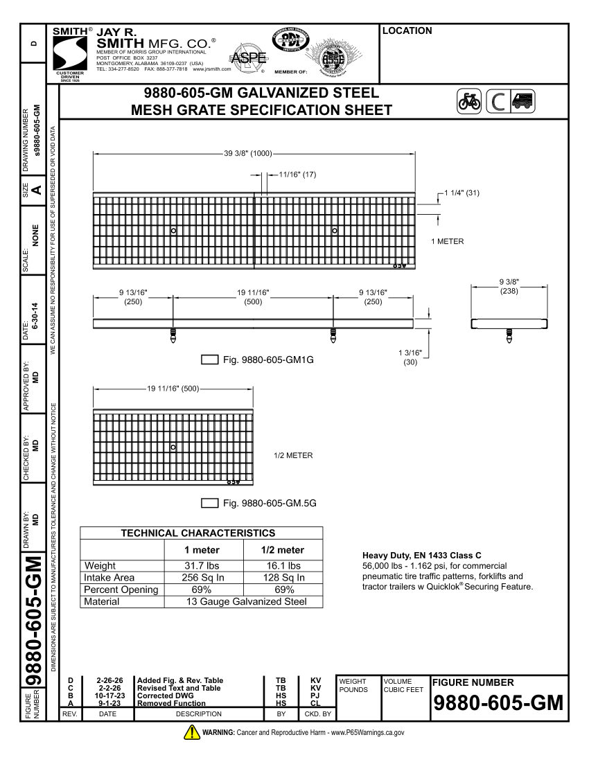 Jay R. Smith 9880-605-GM Grate Submittal - Jay R. Smith Mfg. Co. cut sheet — first page