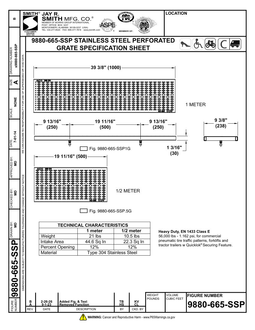 Jay R. Smith 9880-665-SSP Grate Submittal - Jay R. Smith Mfg. Co. cut sheet — first page