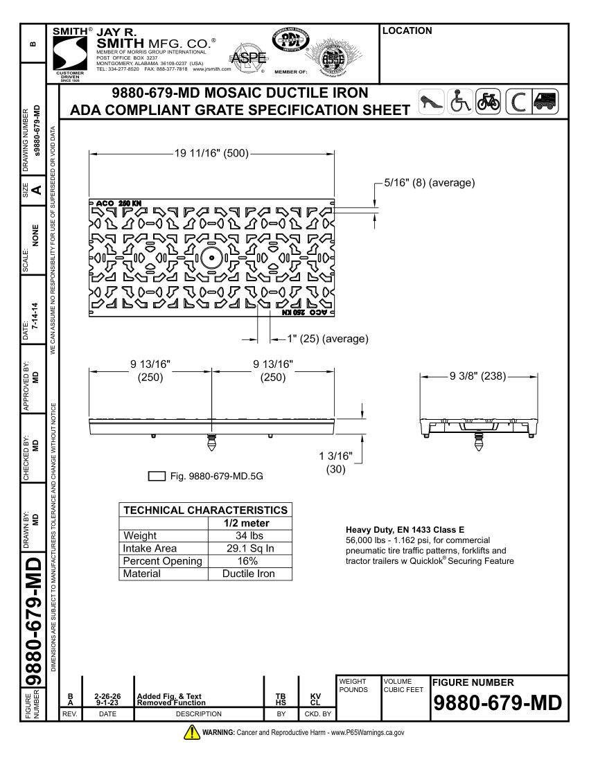 Jay R. Smith 9880-679-MD Grate Submittal - Jay R. Smith Mfg. Co. cut sheet — first page