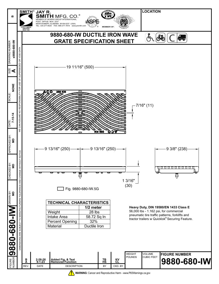 Jay R. Smith 9880-680-IW Grate Submittal - Jay R. Smith Mfg. Co. cut sheet — first page