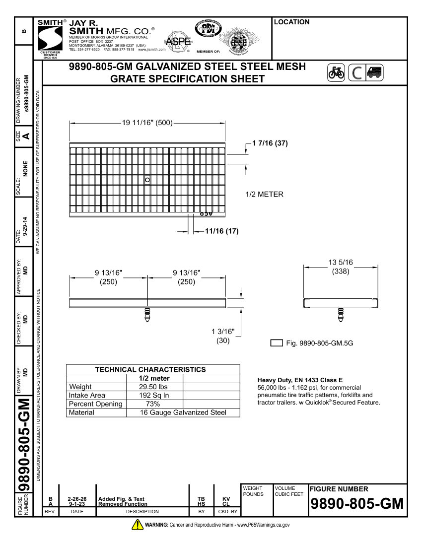 Jay R. Smith 9890-805-GM Grate Submittal - Jay R. Smith Mfg. Co. cut sheet — first page