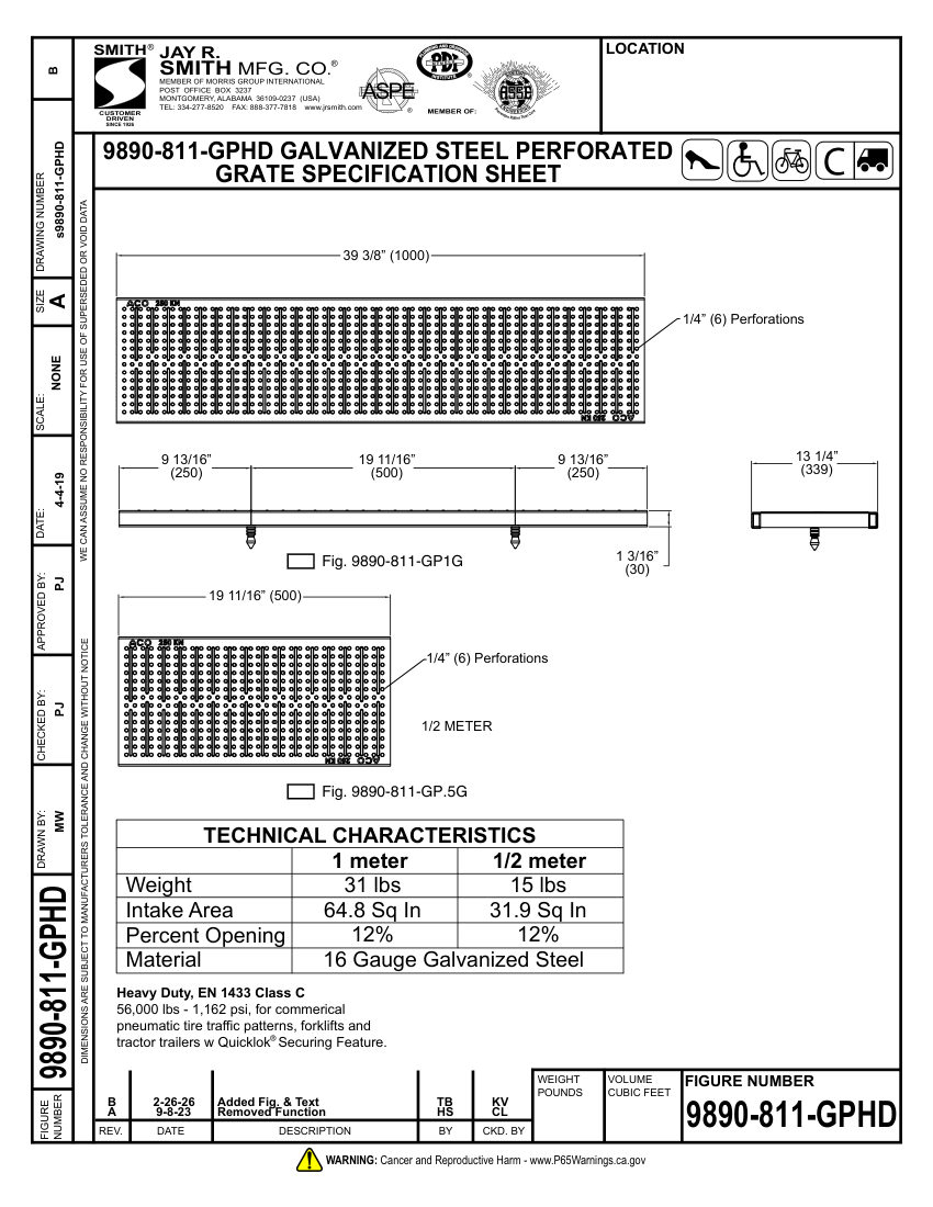 Jay R. Smith 9890-811-GPHD Grate Submittal - Jay R. Smith Mfg. Co. cut sheet — first page