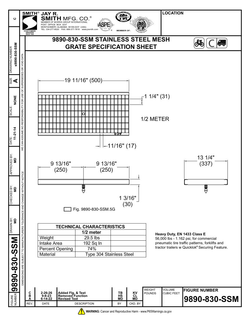 Jay R. Smith 9890-830-SSM Grate Submittal - Jay R. Smith Mfg. Co. cut sheet — first page