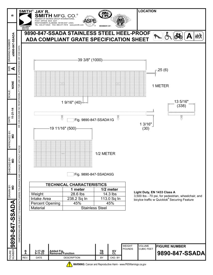 Jay R. Smith 9890-847-SSADA Grate Submittal - Jay R. Smith Mfg. Co cut sheet — first page