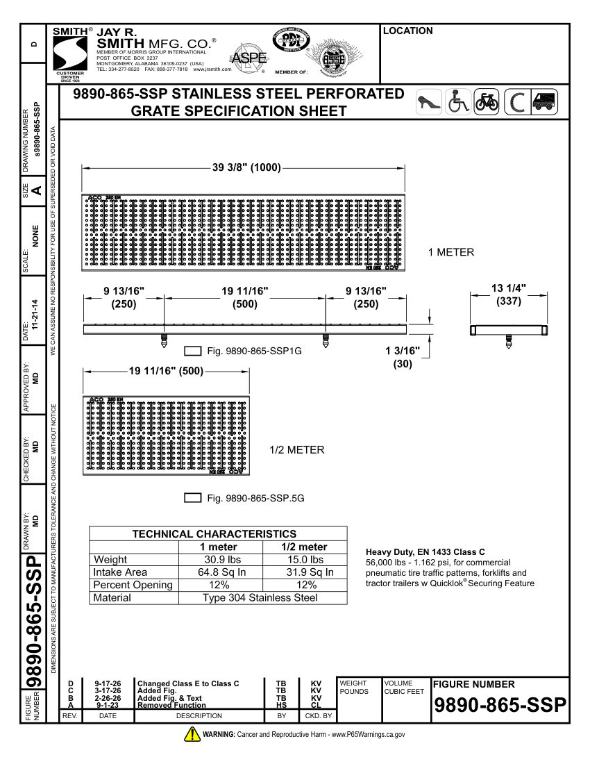 Jay R. Smith 9890-865-SSP Grate Submittal - Jay R. Smith Mfg. Co. cut sheet — first page