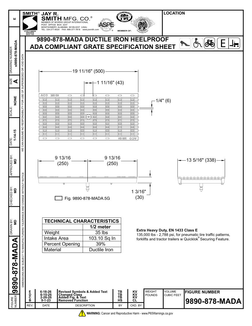 Jay R. Smith 9890-878-MADA Grate Submittal - Jay R. Smith Mfg. Co. cut sheet — first page