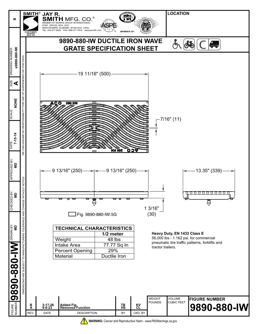 Jay R. Smith 9890-880-IW Grate Submittal - Jay R. Smith Mfg. Co. cut sheet — first page