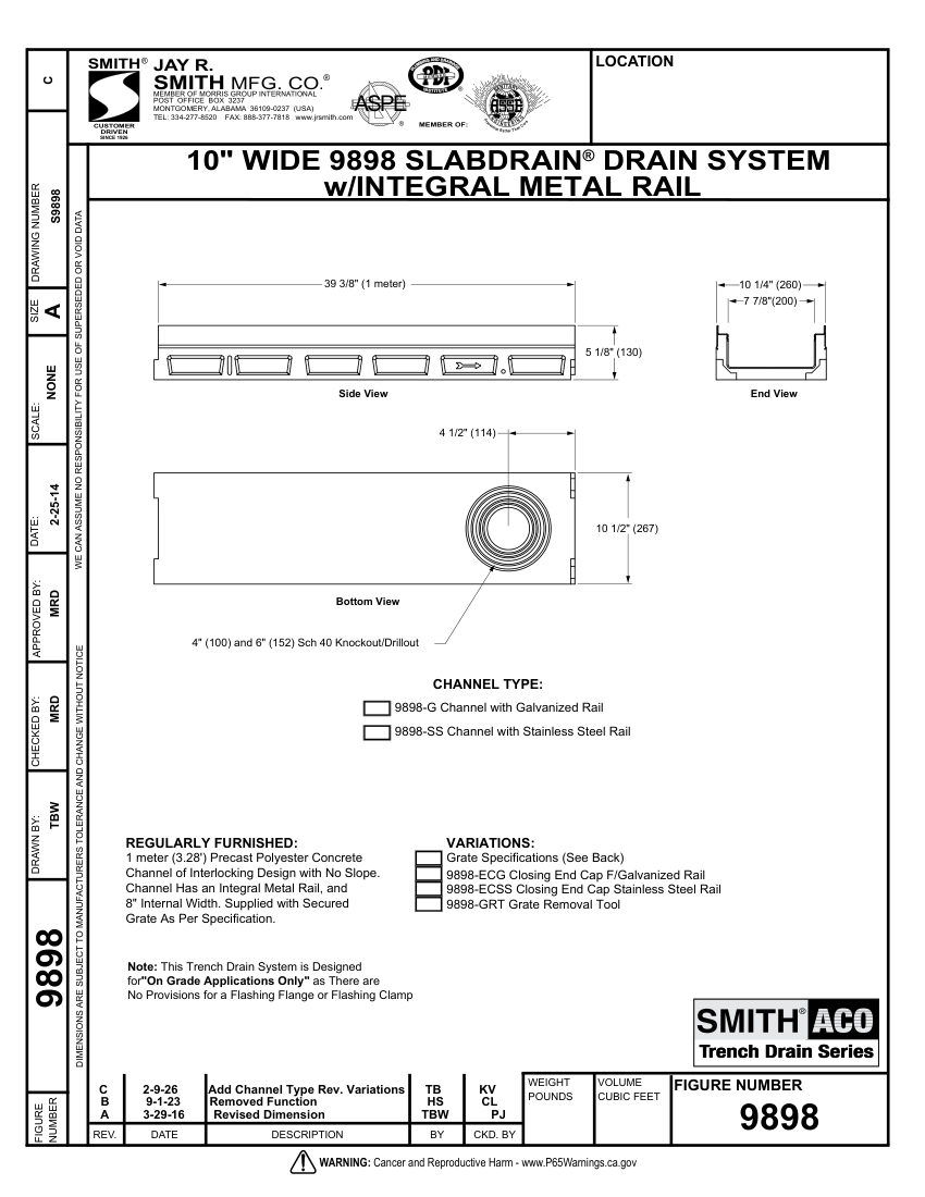 Jay R. Smith 9898 Trench Drain Submittal - Jay R. Smith Mfg. Co. cut sheet — first page