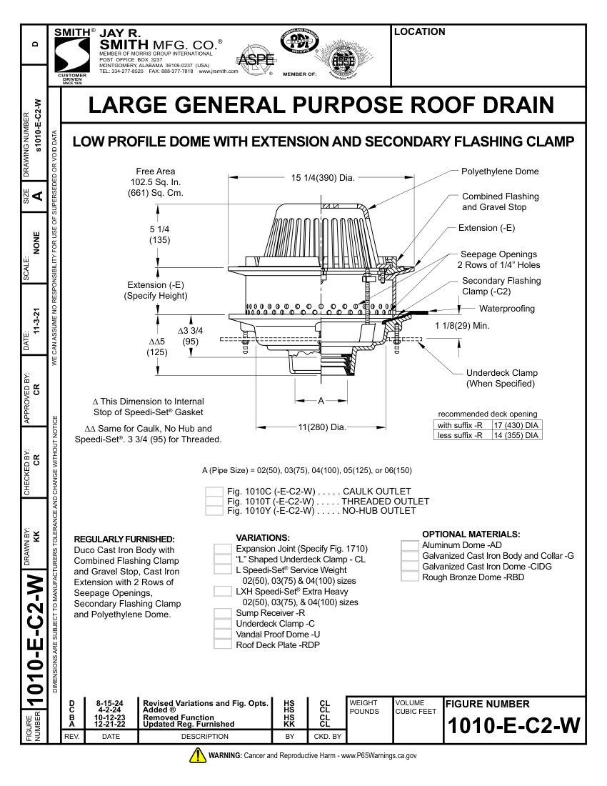 Jay R. Smith Canadian Submittal 1010-E-C2-W Roof Drain - Jay R. Smi cut sheet — first page