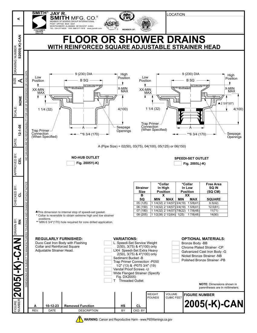 Jay R. Smith Canadian Submittal 2005-K Drain - Jay R. Smith Mfg. Co. cut sheet — first page