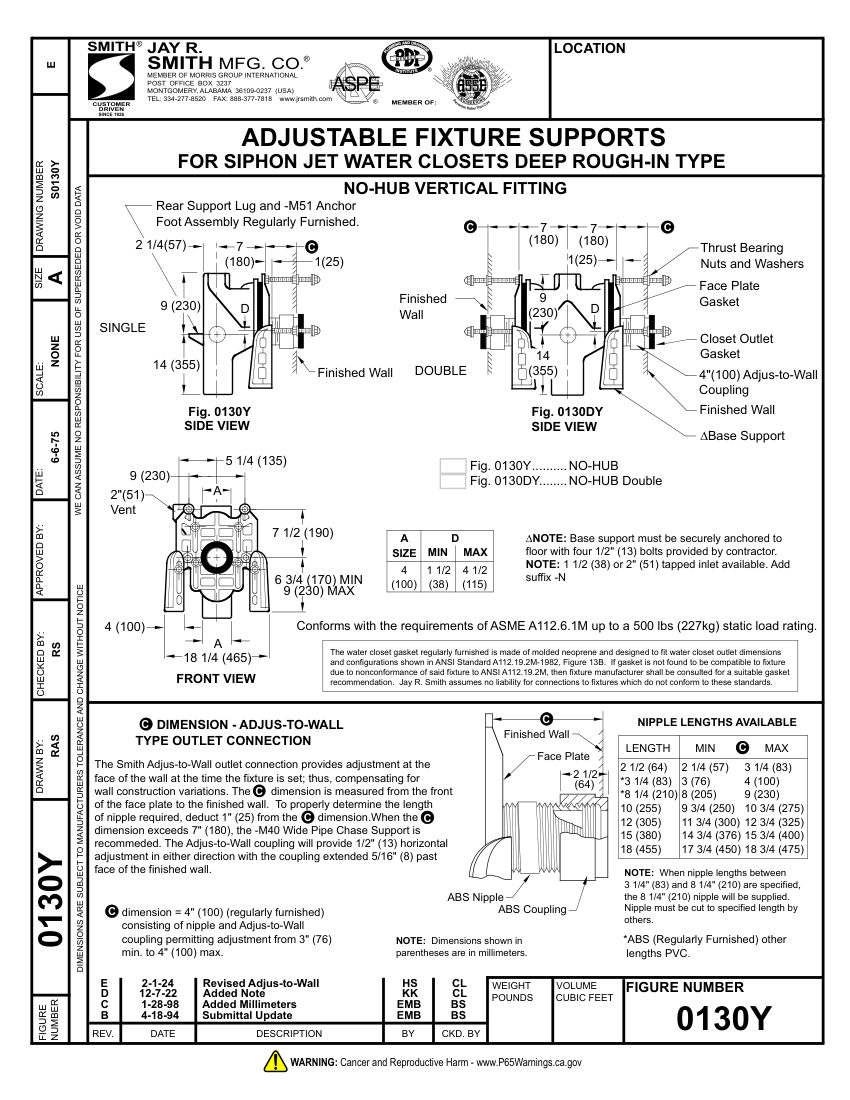 Jay R. Smith 0130Y WC Support - Jay R. Smith Mfg. Co. cut sheet — first page