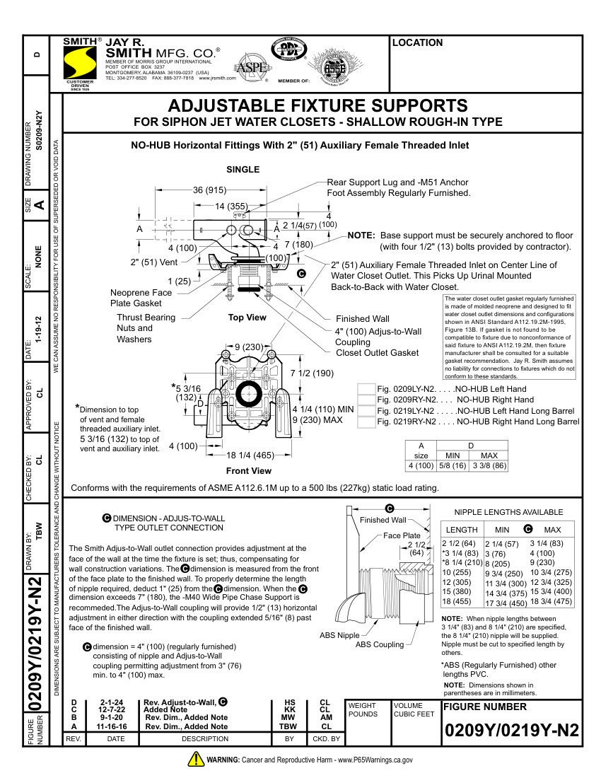 Jay R. Smith 0209Y-N2, 0219Y-N2 WC Support - Jay R. Smith cut sheet — first page