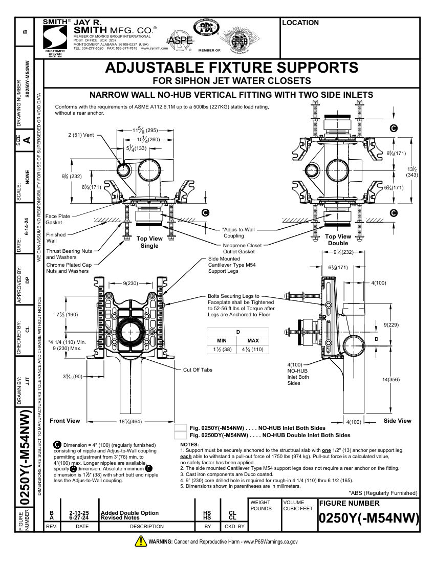 Jay R. Smith 0250Y-M54NW WC Support - Jay R. Smith Mfg. C cut sheet — first page
