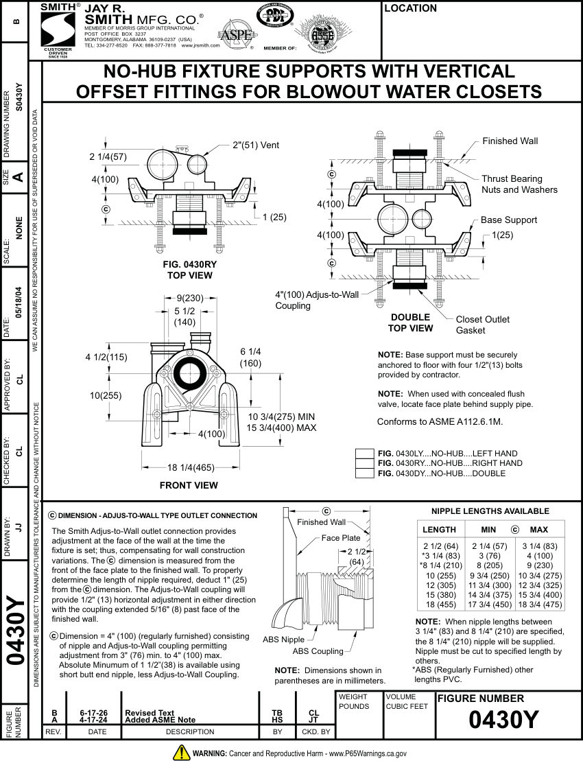 Jay R. Smith 0430Y Support - Jay R. Smith Mfg. Co. cut sheet — first page