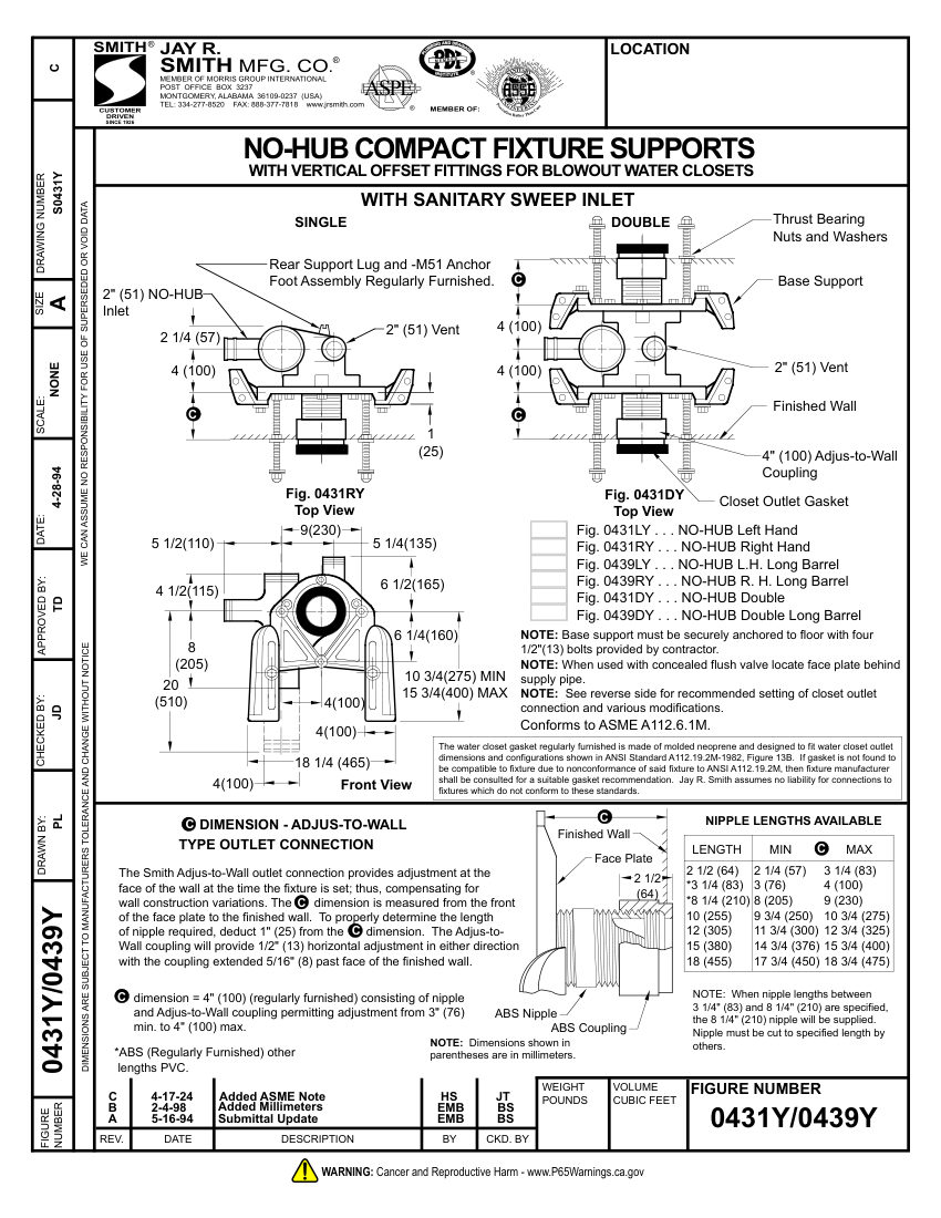 Jay R. Smith 0431Y Support - Jay R. Smith Mfg. Co. cut sheet — first page