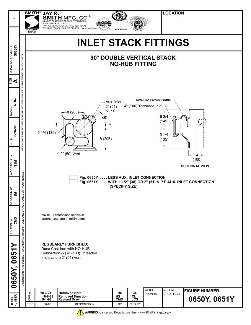 Jay R. Smith 0650Y Support - Jay R. Smith Mfg. Co. cut sheet — first page