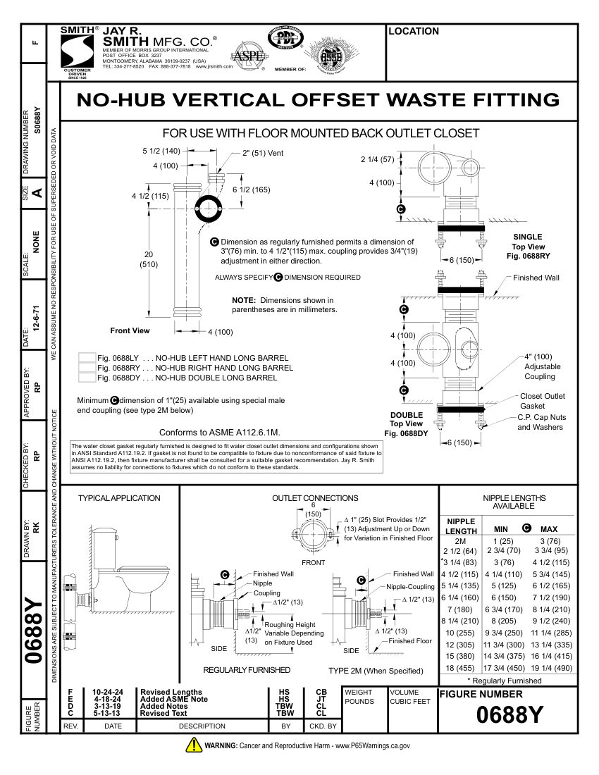 Jay R. Smith 0688Y Waste Fitting - Jay R. Smith Mfg. Co. cut sheet — first page