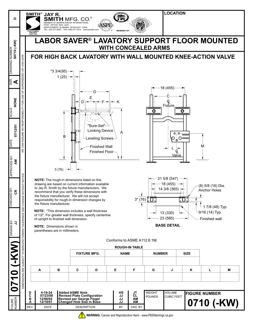 Jay R. Smith 0710-KW Support - Jay R. Smith Mfg. Co. cut sheet — first page