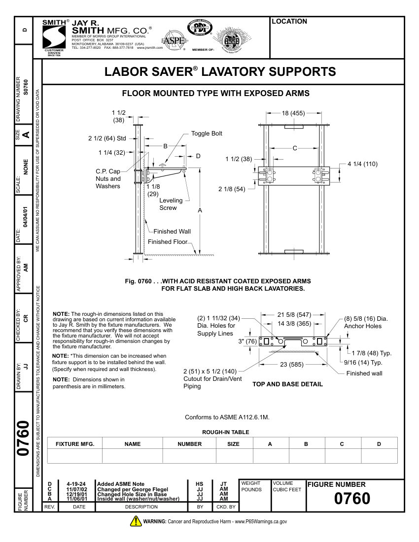 Jay R. Smith 0760 Support - Jay R. Smith Mfg. Co. cut sheet — first page