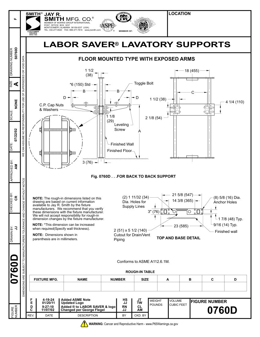 Jay R. Smith 0760D Support - Jay R. Smith Mfg. Co. cut sheet — first page