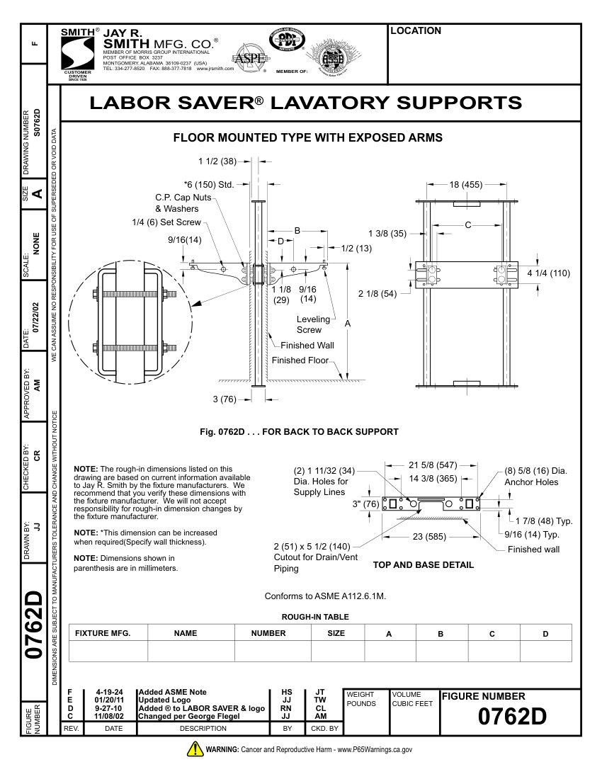 Jay R. Smith 0762D Support - Jay R. Smith Mfg. Co. cut sheet — first page